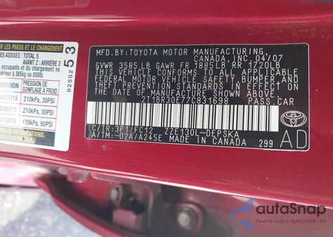 2007 Toyota Corolla Ce/Le/S z USA, uszkodzony, nr VIN 2T1BR30E77C831698